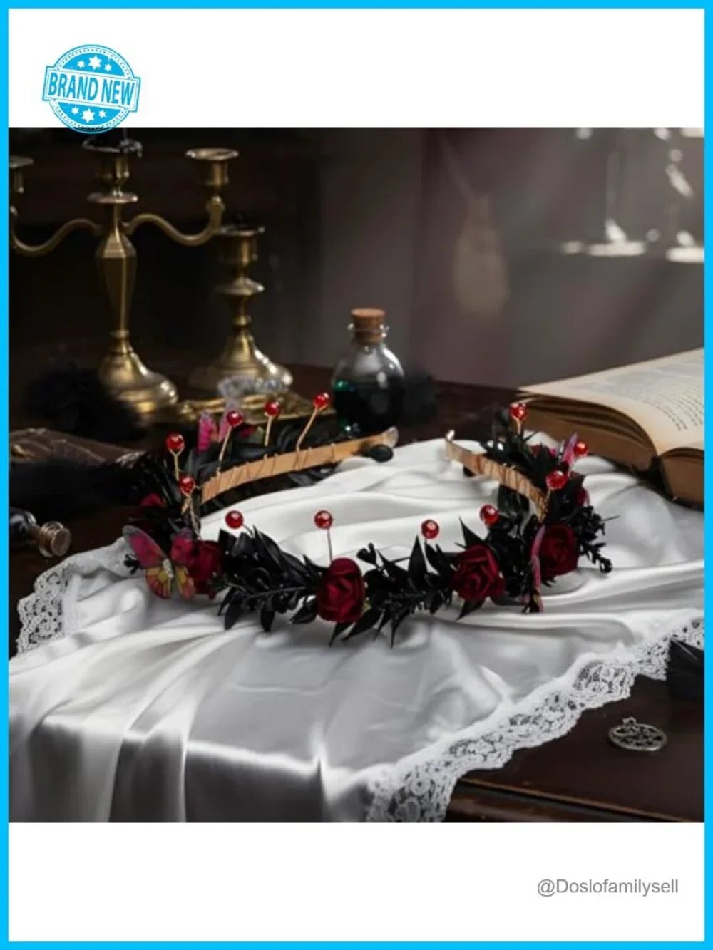 Handmade Gothic Flower Crown with Butterfly Design - Adjustable